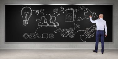 Bir proje çizim işadamı bir yönetim kurulu 3d render kroki