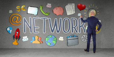 İşadamı çizim sosyal ağ kroki üzerinde bir duvar 3d render