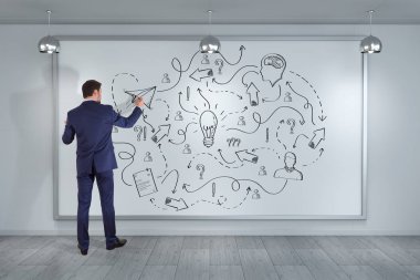 Bir proje çizim işadamı bir yönetim kurulu 3d render kroki