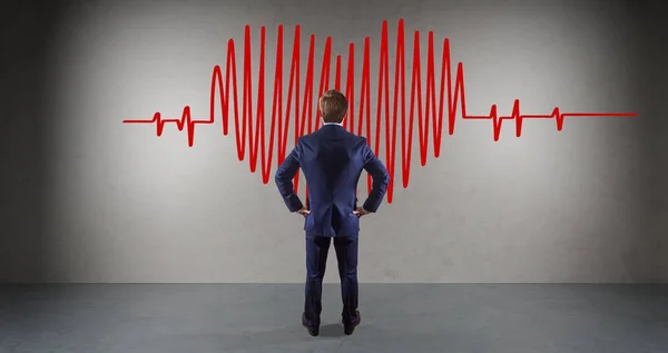 Geschäftsmann beobachtet Herzschlag-Skizze an einer Wand 3D-Rendering — Stockfoto