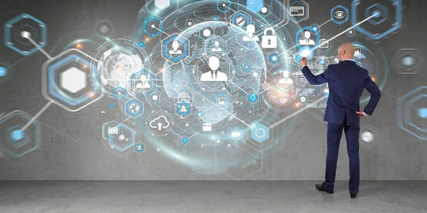 Üzerinde bir duvar 3d renderin sosyal ağ arabirimini kullanarak iş adamı