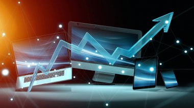 Modern teknoloji cihazlar 3d render önünde mavi ok