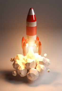 Kırmızı ve beyaz roket 3D render başlatılması