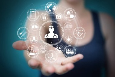 Modern tıbbi arabirimi 3d işlemesini kullanan iş kadını