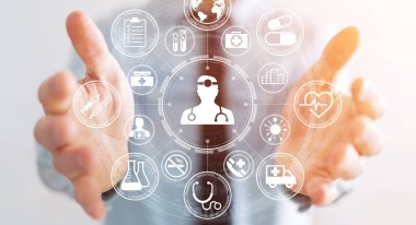 Modern tıbbi arabirimi 3d işlemesini kullanan iş adamı