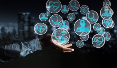 Modern tıbbi arabirimi 3d işlemesini kullanan iş adamı