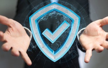 Modern veri kalkan virüsten koruma 3d işlemesini kullanan iş adamı