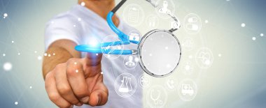 Holding ve kayan stetoskop 3d renderi dokunmadan işadamı