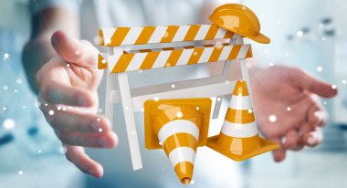 Dijital 3d render altında inşaat işaretleri kullanarak iş adamı