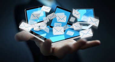 İşadamı onun dijital cihazlar 3d renderin üzerinde e-posta alma