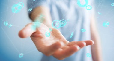 Uçan ağ bağlantısı arabirimi 3d renderi kullanarak iş adamı