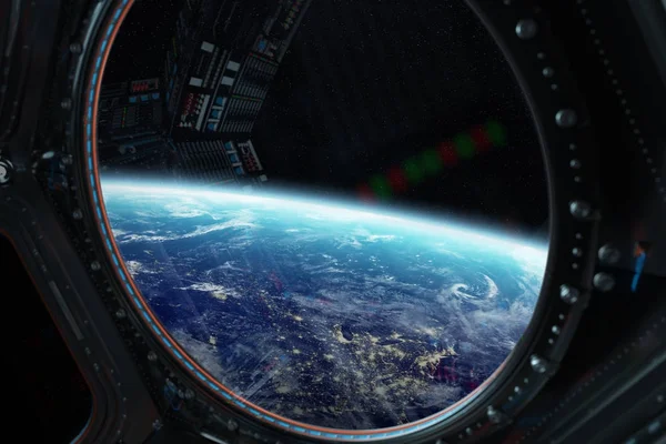 Pohled na planetu zemi z vesmírné stanice okno 3d vykreslování el — Stock fotografie