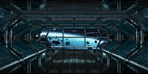 Interior da nave espacial com vista para a Terra elementos de renderização 3D de t — Fotografia de Stock