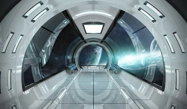 Statek kosmiczny wnętrza z widokiem na planety 3d renderowania elementów — Zdjęcie stockowe
