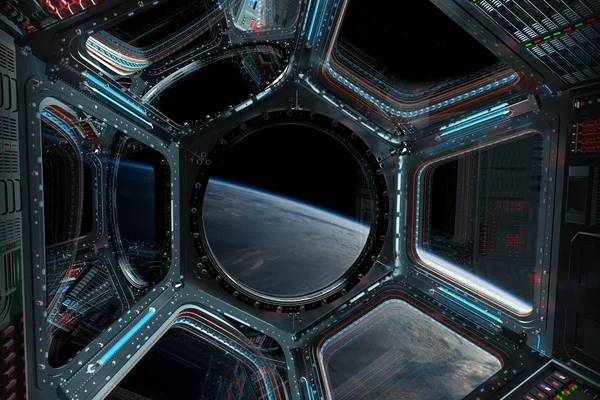 Vista do planeta Terra a partir de uma janela da estação espacial 3D renderização el — Fotografia de Stock