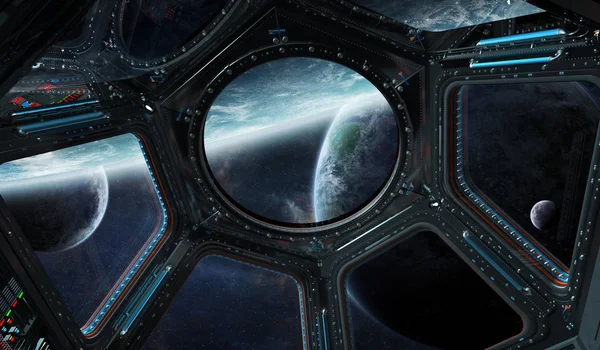 Vista del espacio exterior desde una ventana de la estación espacial 3D rendering ele — Foto de Stock