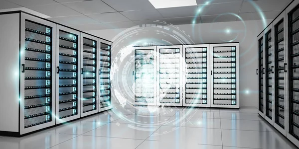 Graph holograms flying over server room data center 3D rendering