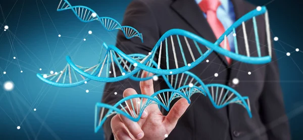 Бизнесмен использует современную структуру ДНК 3D рендеринг — стоковое фото