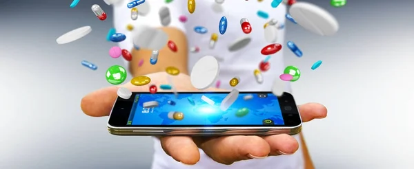 Empresario sosteniendo y tocando píldoras de medicina flotante 3D rend — Foto de Stock