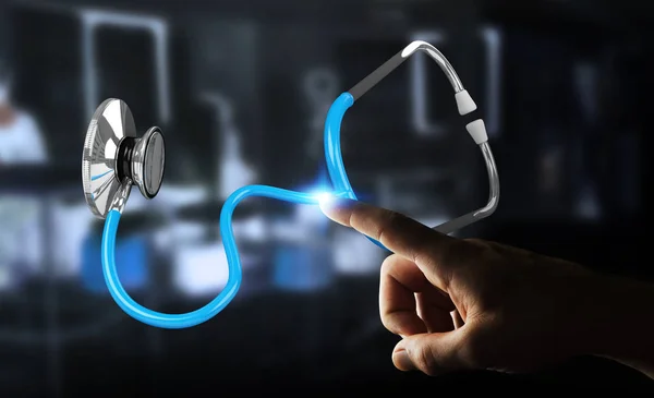 Businessman holding and touching floating stethoscope 3D renderi — Stock Photo, Image