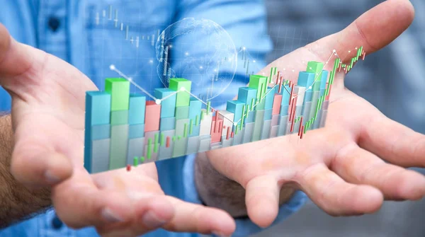 Podnikatel, pomocí digitálních 3d tavené burze statistiky a c — Stock fotografie