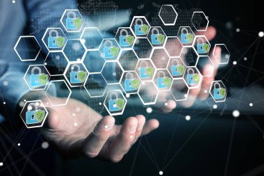 Elle çizilmiş bir virüsten koruma sistemi tutan işadamı