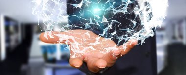 Uçan ağ bağlantısı 3d render tutan işadamı