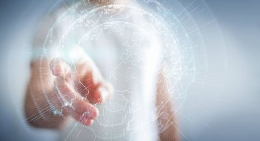 İşadamı 3d rende tarafından aktive uçan Dünya ağ arabirimi