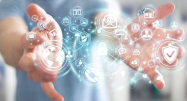 Onun veri kişisel bilgileri 3d renderin koruma işadamı