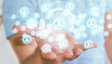 Sosyal ağ arabirimi 3d işlemesini kullanan iş adamı