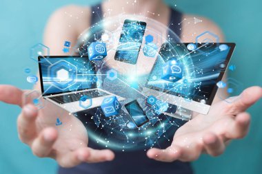 Teknik cihazlar işkadını 3d renderi ile birbirine bağlı