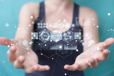 Hologram veriler dijital ekranlar 3d render kullanarak iş kadını
