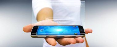 Cep telefonu Web sitesi sayfası kroki tutan işadamı