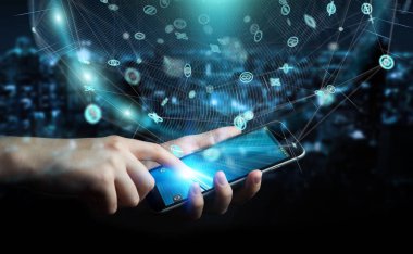 Hologram veriler dijital küre 3B oluşturmayı kullanarak iş adamı