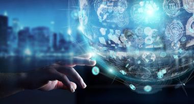 Hologram veriler dijital küre 3B oluşturmayı kullanarak iş adamı