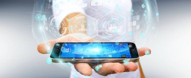 Dijital Sağlık Küre 3d işlemesini kullanan iş adamı