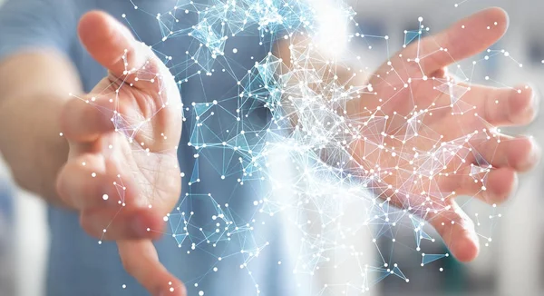 Uçan ağ bağlantısı 3d render tutan işadamı