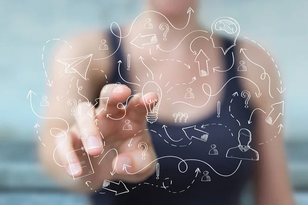 Businesswoman touching and holding sketch lightbulb — Stock Photo, Image