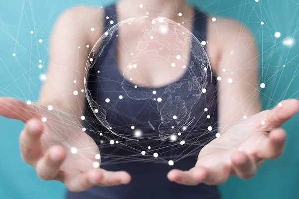 Uçan Dünya ağ arabirimi 3d işlemesini kullanan iş kadını