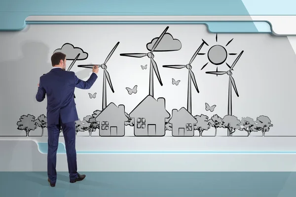 Επιχειρηματίας σχέδιο σκίτσο ανανεώσιμων πηγών ενέργειας με ένα 3d καθιστούν Διοικητικό Συμβούλιο — Φωτογραφία Αρχείου