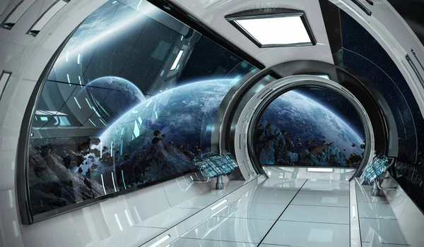 Űrhajó belseje, kilátással a bolygó 3d rendering elemei — Stock Fotó