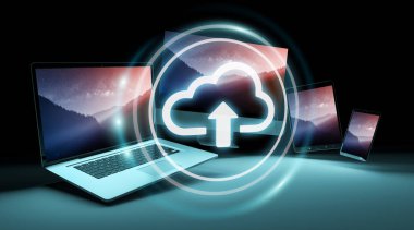 Bulut simgesi arabirim üzerinden modern teknoloji cihazlar 3d render