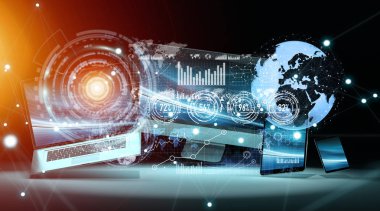 Modern cihazlarla 3d render önünde hologram arabirimi