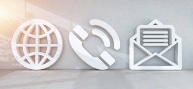 Modern iç 3d render büyük iletişim simgeleri