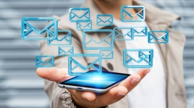 Holding ve kayan 3d render e-postaları dokunmadan işadamı