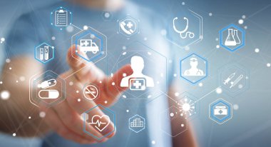 Modern tıbbi arabirimi 3d işlemesini kullanan iş adamı