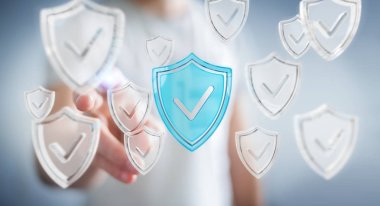 Modern veri kalkan virüsten koruma 3d işlemesini kullanan iş adamı