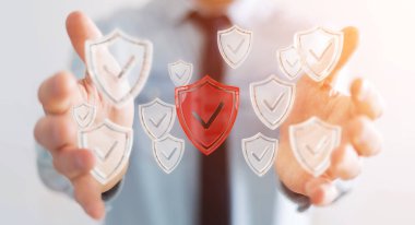 Modern veri kalkan virüsten koruma 3d işlemesini kullanan iş adamı