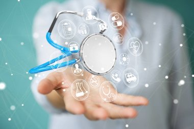 Holding ve kayan stetoskop 3d rende dokunmadan işkadını