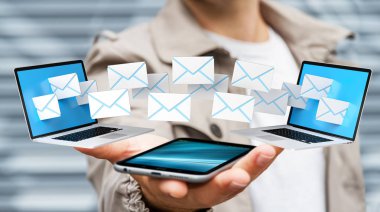 İşadamı onun dijital cihazlar 3d renderin üzerinde e-posta alma